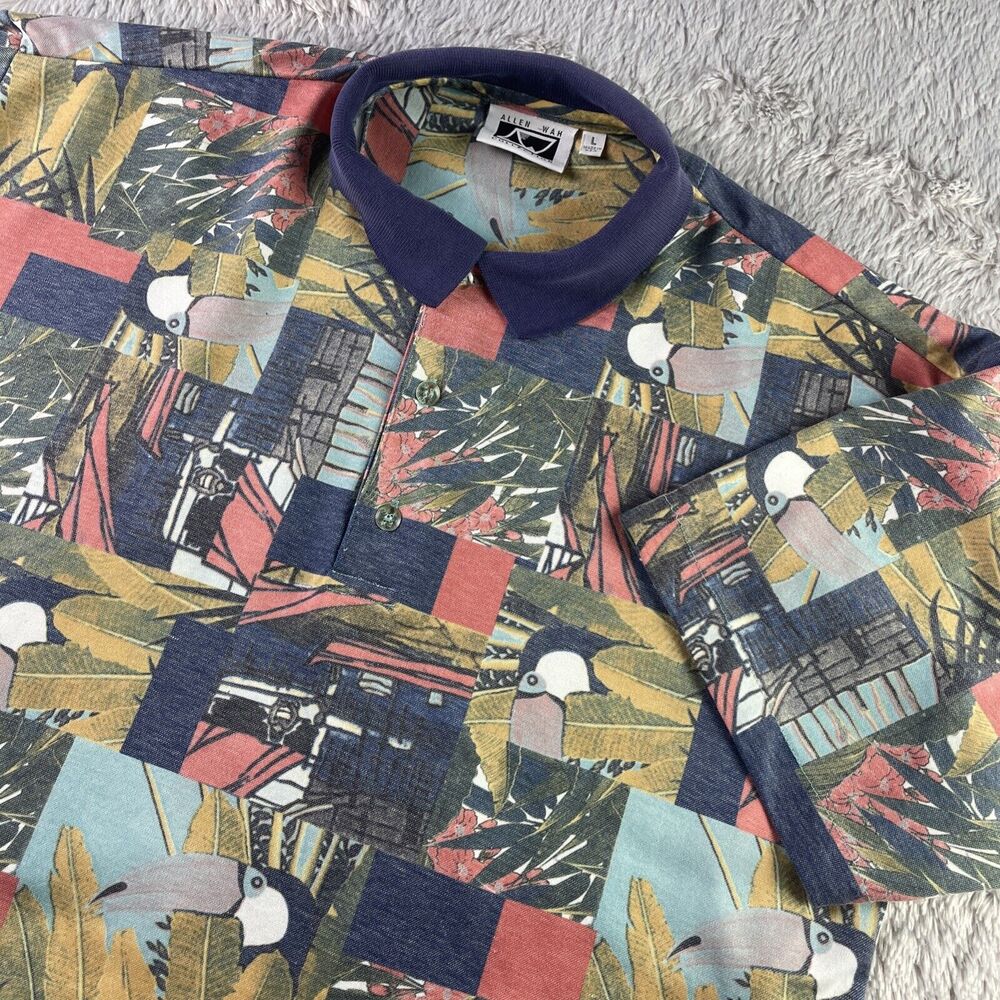 Vintage Allen Wah Polo Shirt Mens Large Red Blue Yellow Toucan All Over Print